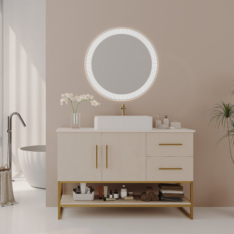 Meuble-lavabo moderne avec lavabo vasque en céramique, accent doré, armoire autoportante pour des salles de bain élégantes et fonctionnelles