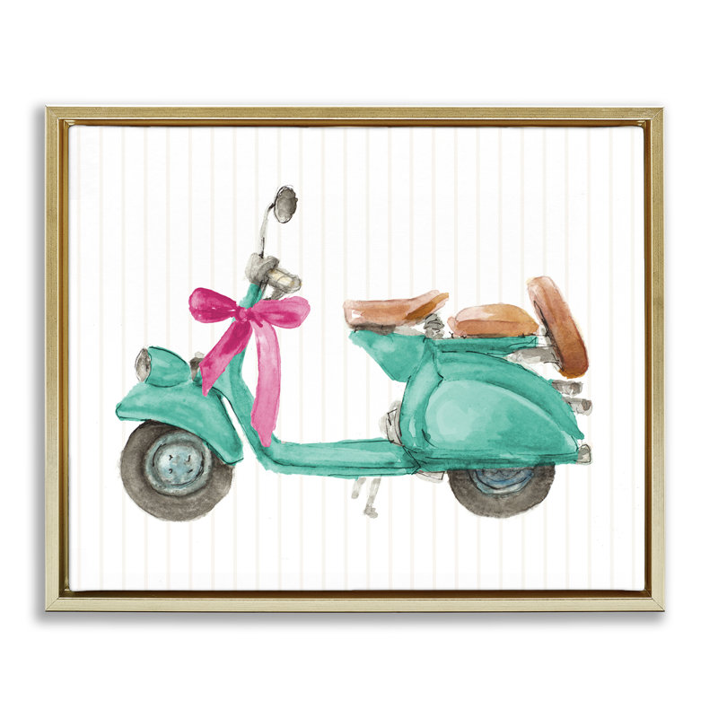«Turquoise Scooter & Bow», art mural encadré par Lanie Loreth, H 25 po x l 31 po, Cadre flottant métallique doré