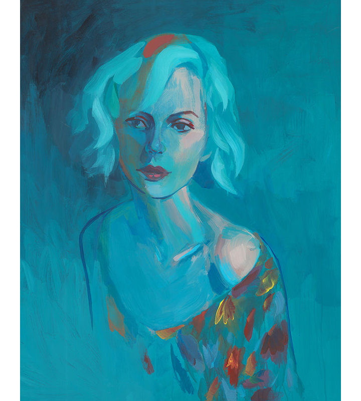 «Teal Girl» par Ryan Brown, reproduction d'art encadrée, Verre