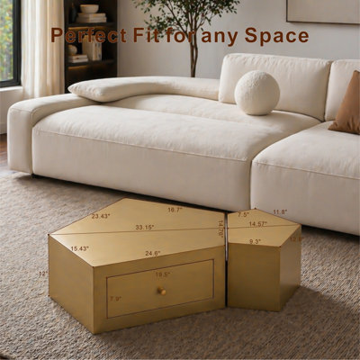  47.72-Inch 2-Piece Gold Geometric Nesting Coffee Table Set with Drawers