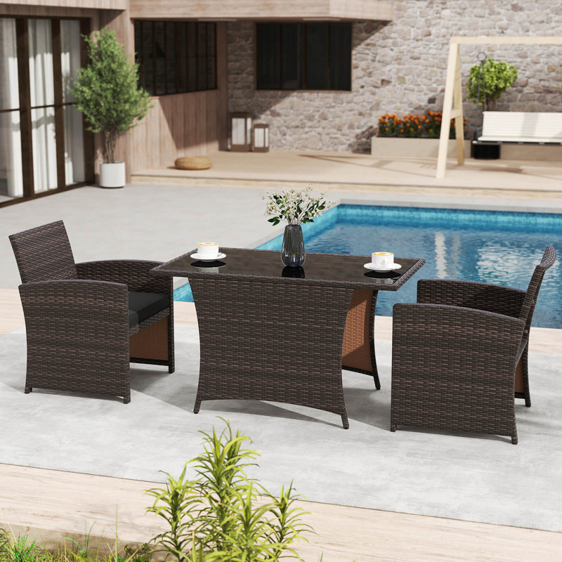 3 Pcs Wicker Bistro Set Balcony Furniture Set With Tempered Glass Dining Table