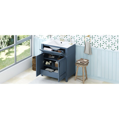 Meuble-lavabo rétro avec structure en bois massif et lavabo en céramique de 30 po - Compartiments de rangement spacieux, armoire de rangement fonctionnelle en bois, extérieur