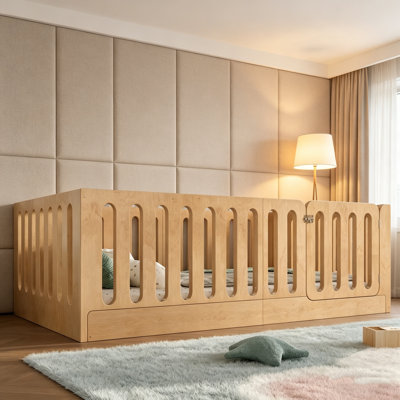 Floor Bed Frame, Kids Floor Bed With Safety Guardrails, Wooden Toddler Bed Frame With Lockable Gate, Platform Bed, Kids Playpen Bed For Boys Girls Bedroom