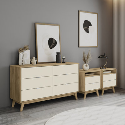 Ensemble de chambre à coucher 3 pièces Bernando - Commode 6 tiroirs et 2 tables de chevet 2 tiroirs