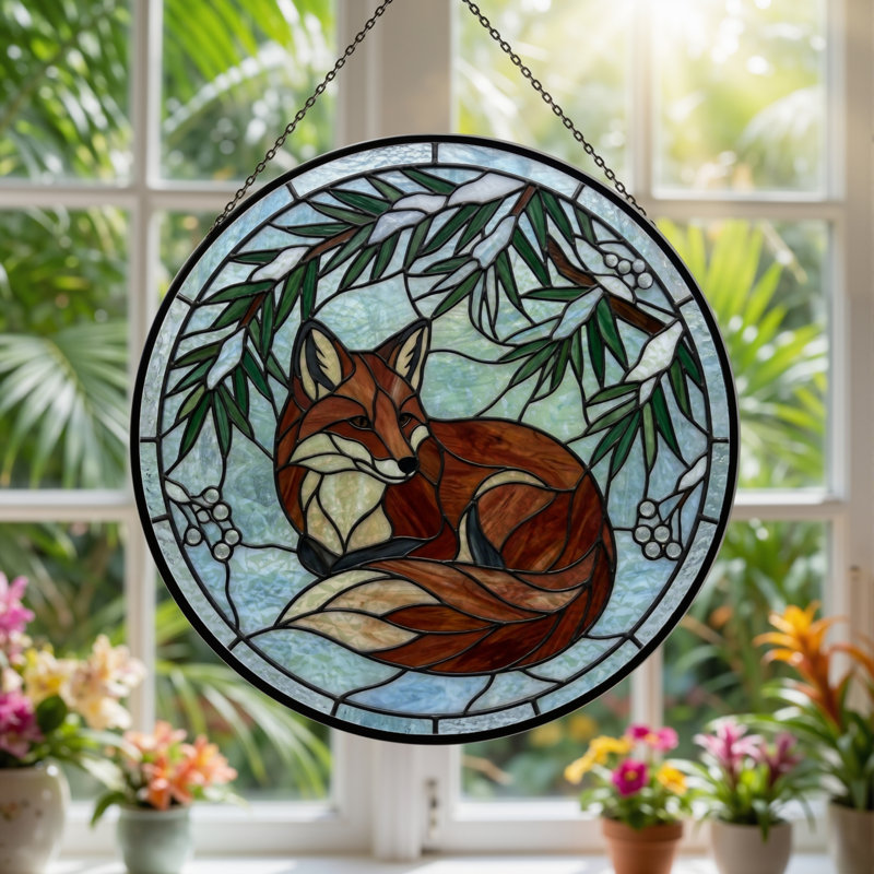 Panneau de vitrail Fox Winter, H 12 po, H 12 po