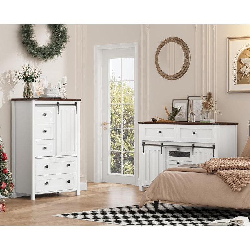 Farmhouse 5-Drawer Dresser – 48" Tall, Sliding Barn Door, Adjustable Shelf, White