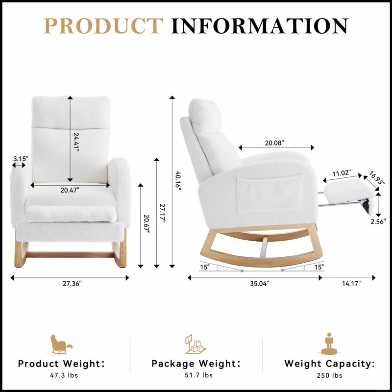 Chaise berçante en tissu Teddy avec repose-pieds réglable, repose-tête épaissi, dossier haut et pochette de rangement, base en bois massif