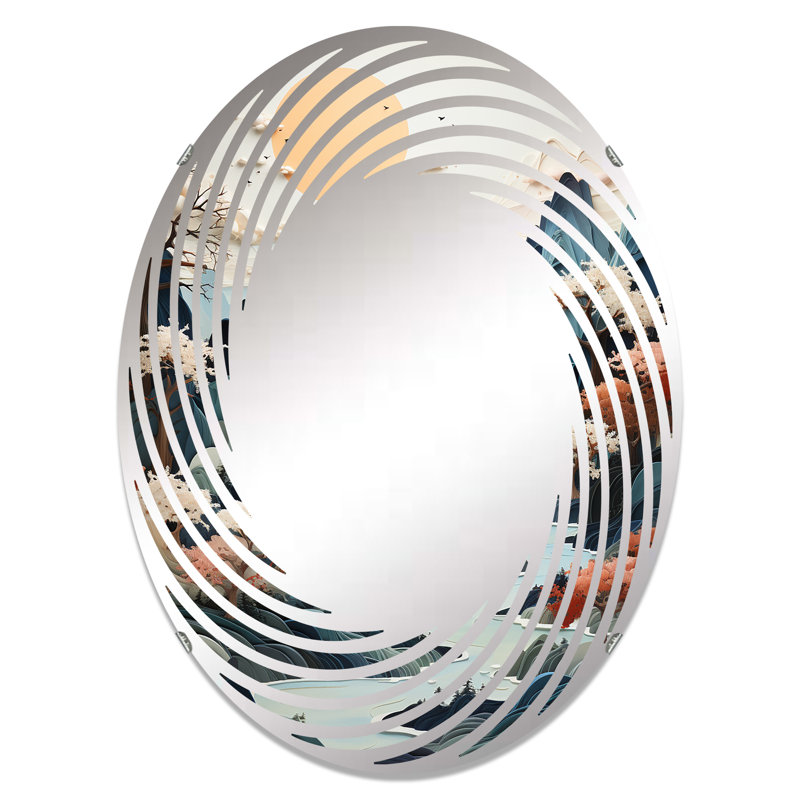 Minimalisme, rivière japonaise, paysage de montagne - miroir mural en spirale | Ovale, 29,5 po x 19,6 po