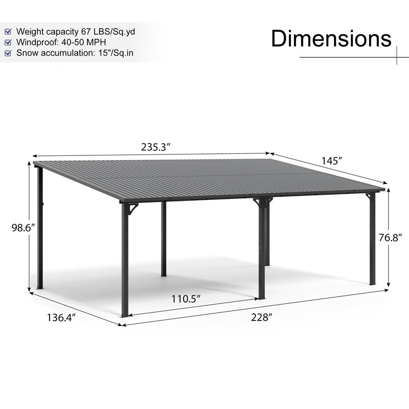 Galvanized Steel Patio Pergola Wall-mounted With Sloping Roof, 98.6" H x 228" W x 136.4" D