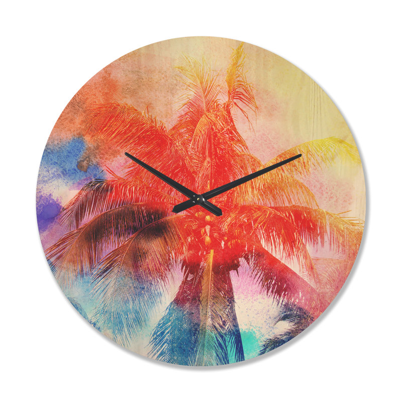 Horloge murale rétro en bois rouge avec palmiers rétro, Très grand