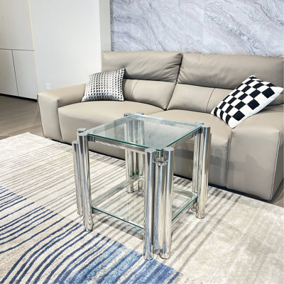 Table d'appoint de salon carrée de 20 pouces, acier inoxydable moderne avec verre trempé transparent à double couche, rangement, table de bureau argentée de conception industrielle