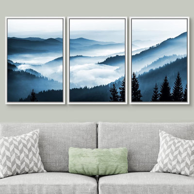 "IDÉE4WALL", reproduction d'art sur toile encadrée, ensemble brumeux, bleu, bichromie, chaîne de montagnes, forêt, nature, photographie, moderne, décoration, coloré, rustique, pour le salon, la chambre à coucher, le bureau, reproduction sur toile,