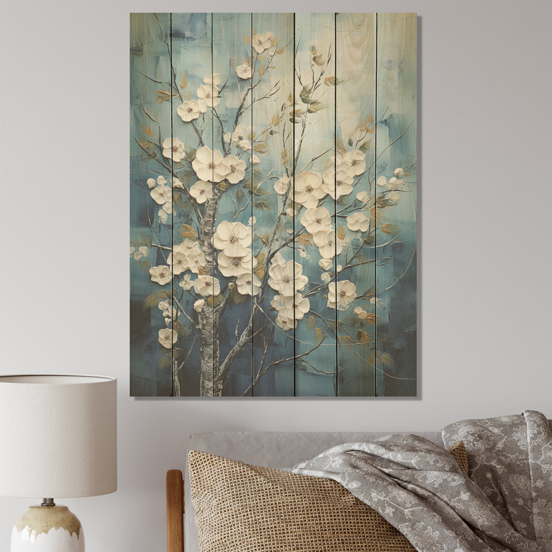 Fleurs d'hiver blanches et bleues - Forêt sur bois, H 32 po x l 24 po