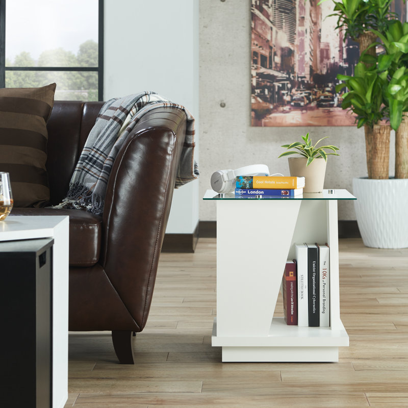 Glass Top Floor Shelf End Table, White