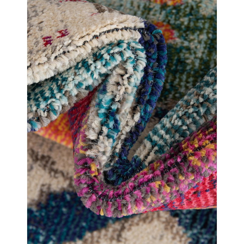 Machine Woven Polypropylene Area Rug in Teal/Orange/Beige, Rectangle 5'3" x 8'