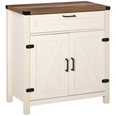 Buffet rustique de style campagnard avec portes de grange et rangement, parfait pour un décor de maison de campagne moderne et une vie organisée.