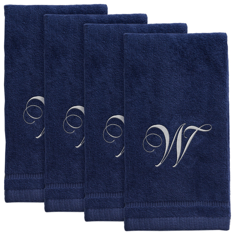 Ensemble de 4 serviettes monogrammées bleu marine - brodées blanches, W