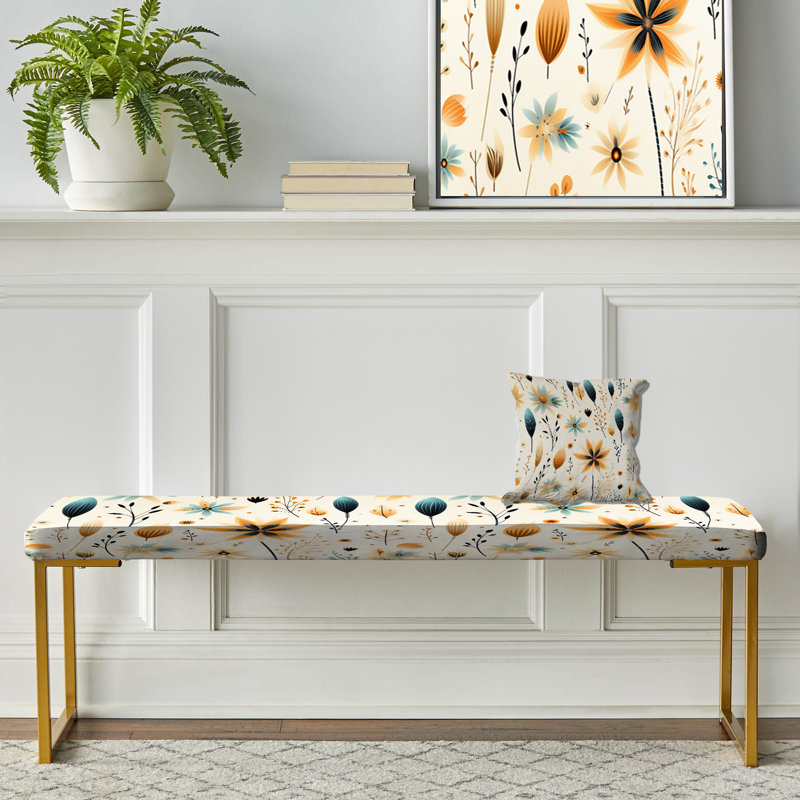 Floral Upholstered Gold Bench, Earthy Elegance Boho