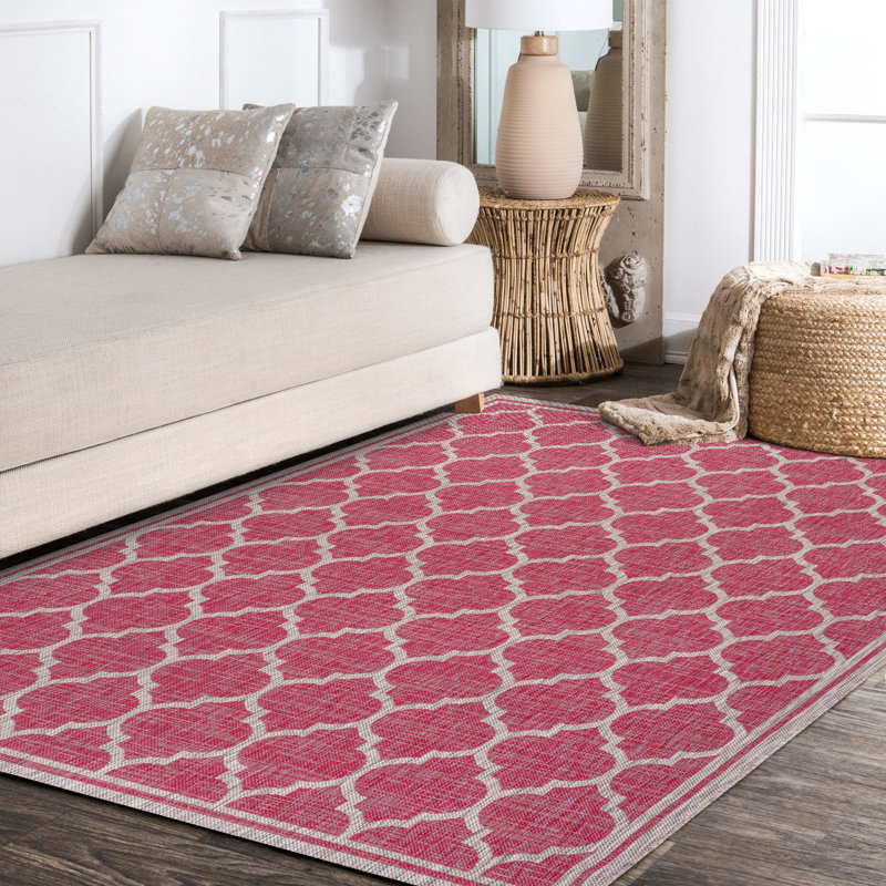 Trebol Moroccan Trellis Textured Weave Fuchsia/Light Gray Indoor/Outdoor Rug, Rectangle 5'3" x 7'7"