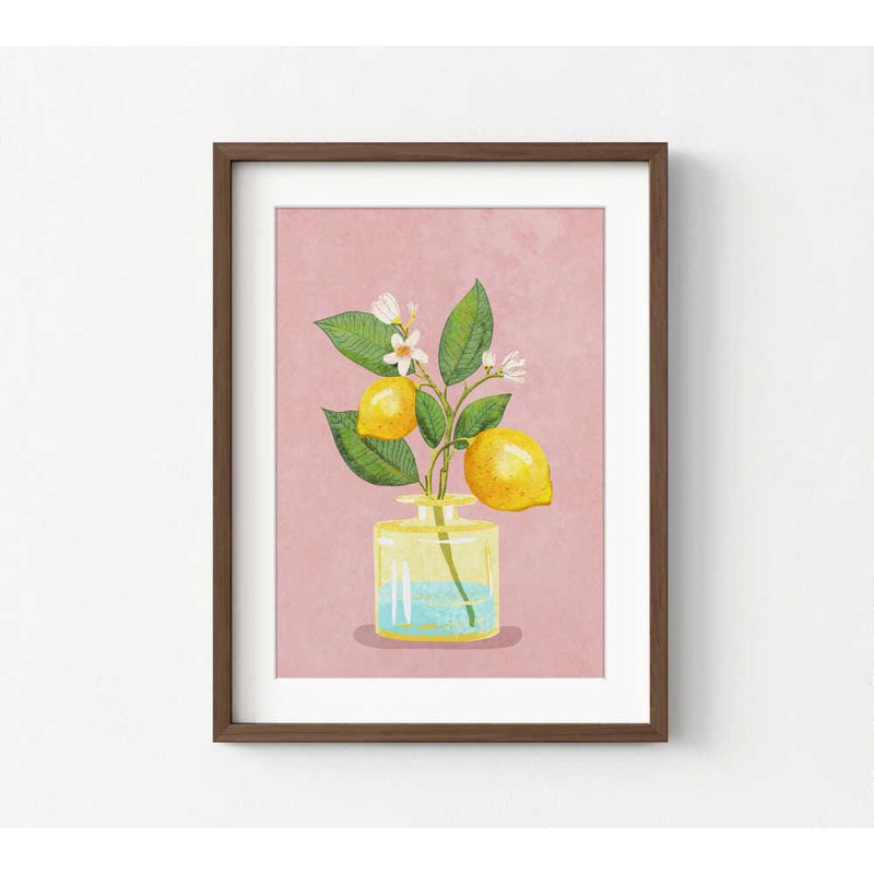 Reproduction d'art botanique citron - Illustration d'agrumes frais sur fond rose, H 32 po x l 24 po, Brun