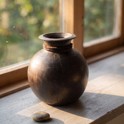 Vase décoratif en bois noir style rétro avec corde rustique - décor maison de campagne