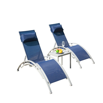 Chaise longue d'extérieur près de la piscine (3) - 5 chaises réglables en aluminium robuste à séchage rapide (bleu, 2 chaises + 1 table de 3 chaises longues en aluminium réglables avec positions en métal, confort ergonomique pour la terrasse)
