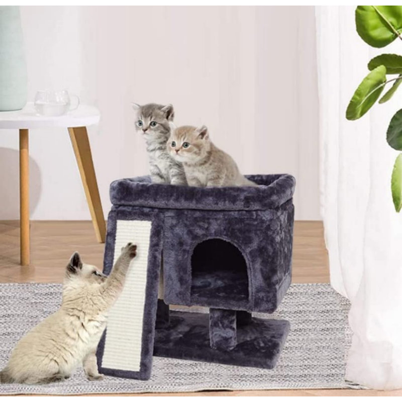 Petit arbre à chat pour grands chats d'intérieur, maisonnette pour chatons avec poteau à griffer et tableau, tour d'activité moderne avec grotte, gris fumé