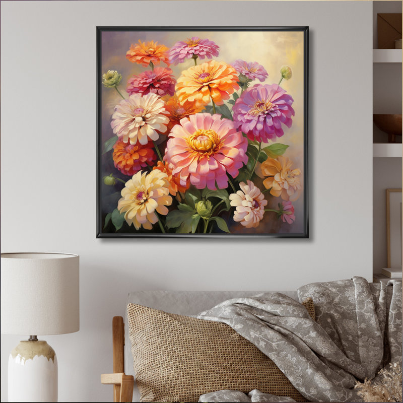 "Colorful Zinnias", impression romantique sur toile encadrée, H 24 po x l 24 po x P 1 po, Cadre flottant noir
