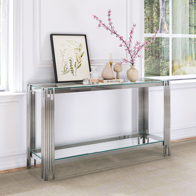 Clodoveo 47.24'' Glass Top Console Table, Silver, Clear