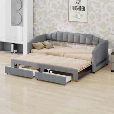 Stretchable Daybed With Linen Upholstery, Channel-Tufted Headboard, Practical Storage Drawers, And LED Light Accents