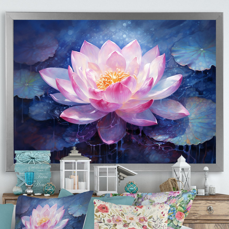Lotus luminescence sur toile, H 34 po x l 44 po x P 1,5 po, Cadre simple argenté