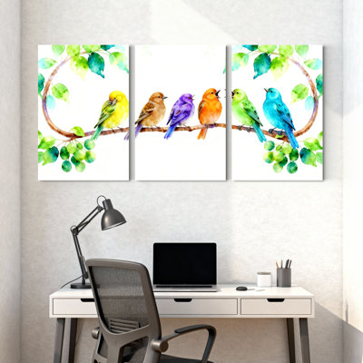 Oiseaux colorés sur une branche avec des feuilles, ensemble de 3 impressions d'art sur toile