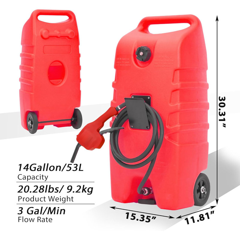 14-Gallon Portable Fuel Tank Gasoline & Diesel Caddy with Manual Siphon Pump 10FT Hose and Wheels for Car ATV Boat Lawn Mower & Generator