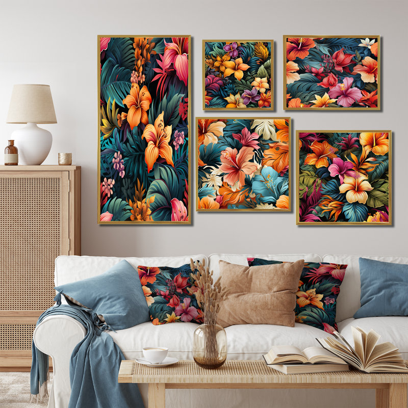 «Vibrant Multicolor Hibiscus Paradise - Tropical», ensemble de 5 reproductions d'art sur toile, Cadre flottant doré