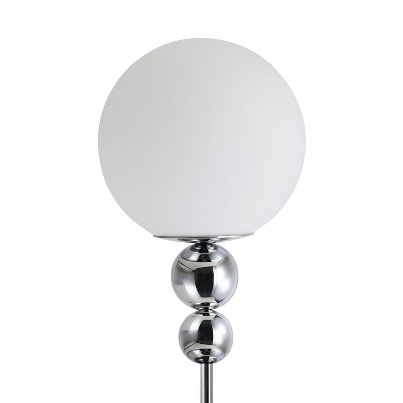 Modern Minimalist Floor Lamp With White Globe Shade And Chrome Metal Sphere Accents, Chrome