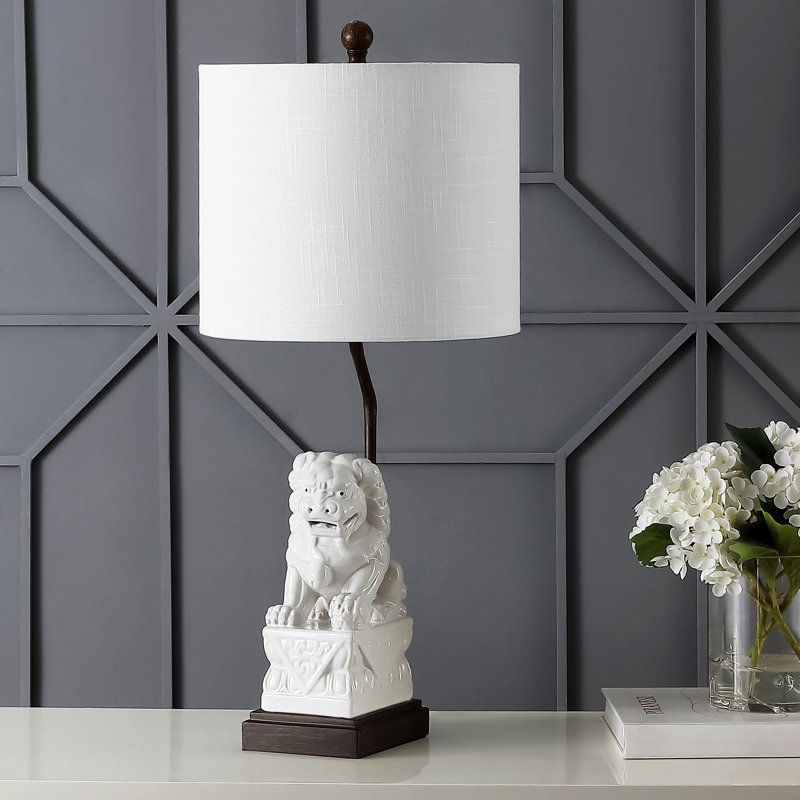 Lampe de table DEL moderne en céramique Guardian Lion 27,5 po, blanc