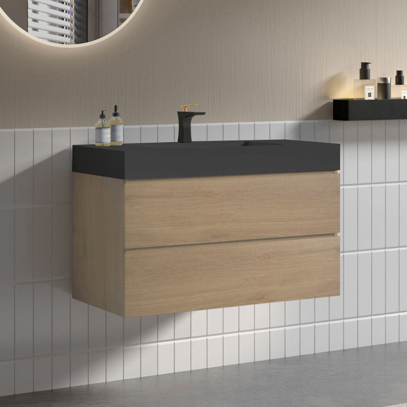 Meuble-lavabo simple 36 po avec surface solide et trop-plein, 36 po, pré-assemblé, Beige, Noir mat, 36"