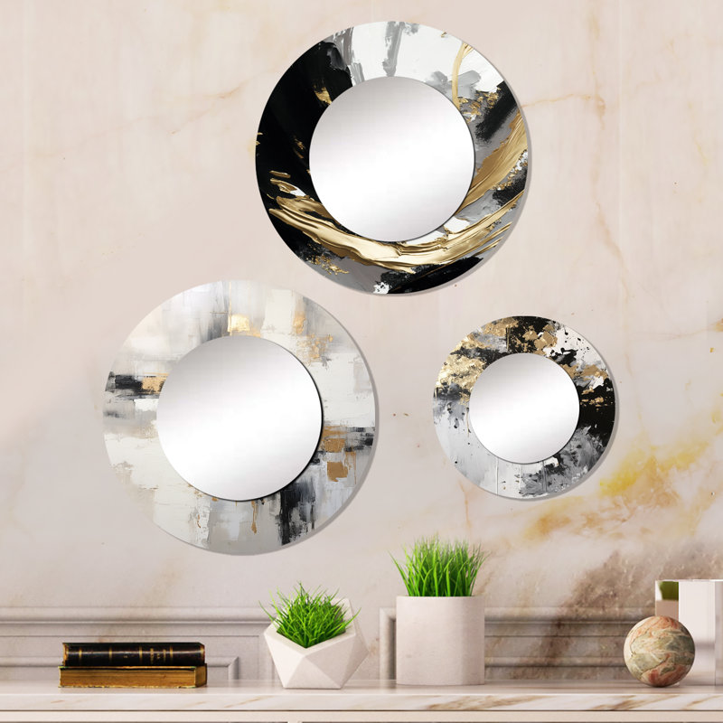 Adelia - Ensemble de miroirs ronds sur décor abstrait en métal brillant