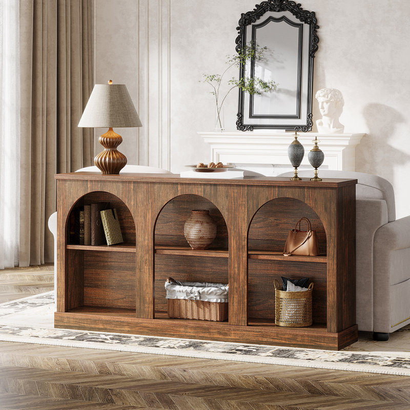 63-Inch Long Farmhouse Wooden Rectangular Entryway Console 3 Tier Storage Sofa Table Behind Couch, Dark Brown