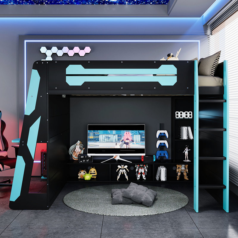 Lit mezzanine double en bois de couleur bleu nuage avec rangement sous le comptoir, éclairage et bureau latéral pour un espace de jeu parfait.