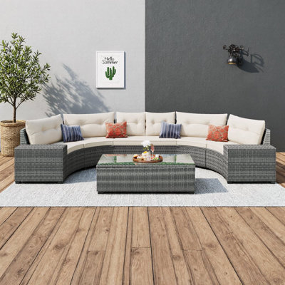 Ensemble de canapé rond en osier 8 pièces pour l'extérieur - modulaire demi-lune, rotin PE toutes saisons, canapés courbés avec tables rectangulaires et d'appoint, coussins beiges amovibles - ensemble de conversation de patio pour le jardin, la terrasse ou la piscine
