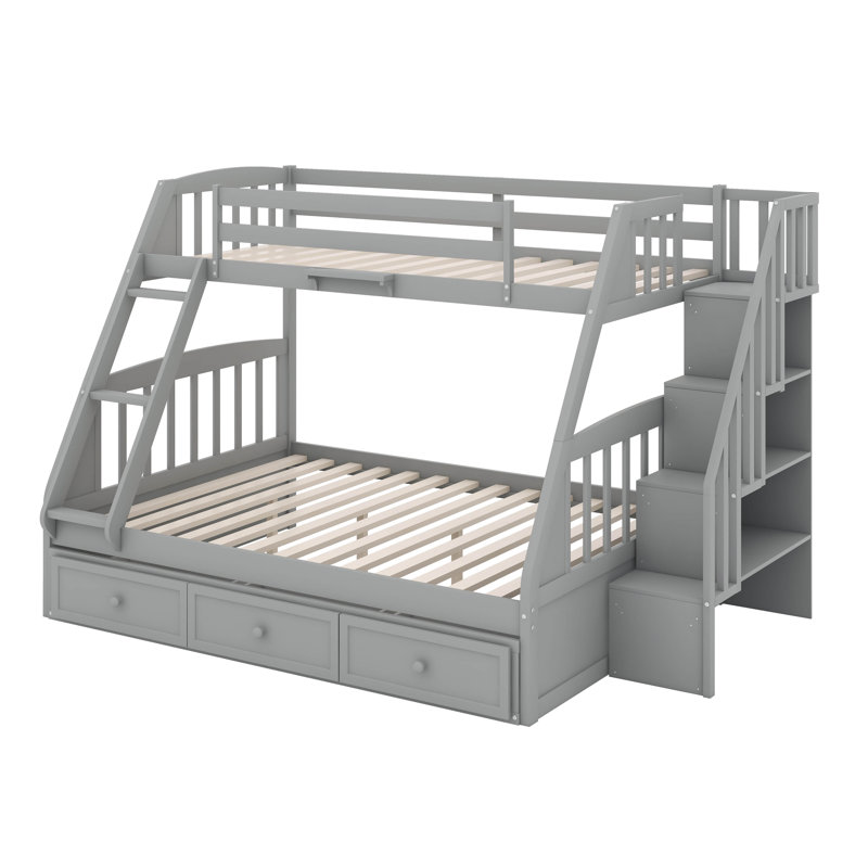 Lit simple superposé au dessus d'un lit double avec tiroirs et escalier de rangement, Gris