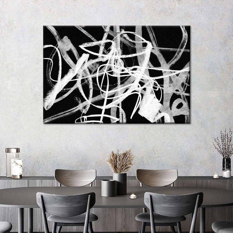 Doodles blancs sur fond noir, reproduction sur toile, H 32 po x l 48 po x P 1,25 po