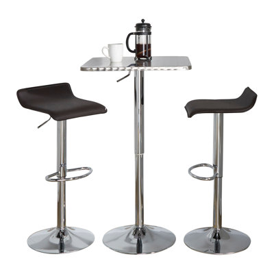 Ensemble de bar réglable 3 pièces, table de 25,5 po, métal et PVC, ensemble de bar 3 pièces, brun / argent, avec tabourets à hauteur réglable et revêtement en similicuir