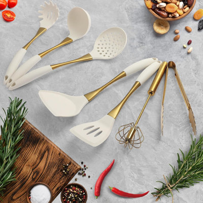 Ensemble d'ustensiles de cuisine en silicone de qualité supérieure - Outils de cuisine résistants à la chaleur non toxiques avec poignées ergonomiques et accents en acier inoxydable - Va au lave-vaisselle