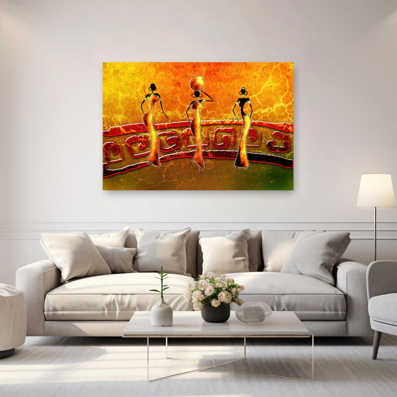 Art tribal africain de femmes tribales abstraites, paysage traditionnel moderne, 40" H x 60" W