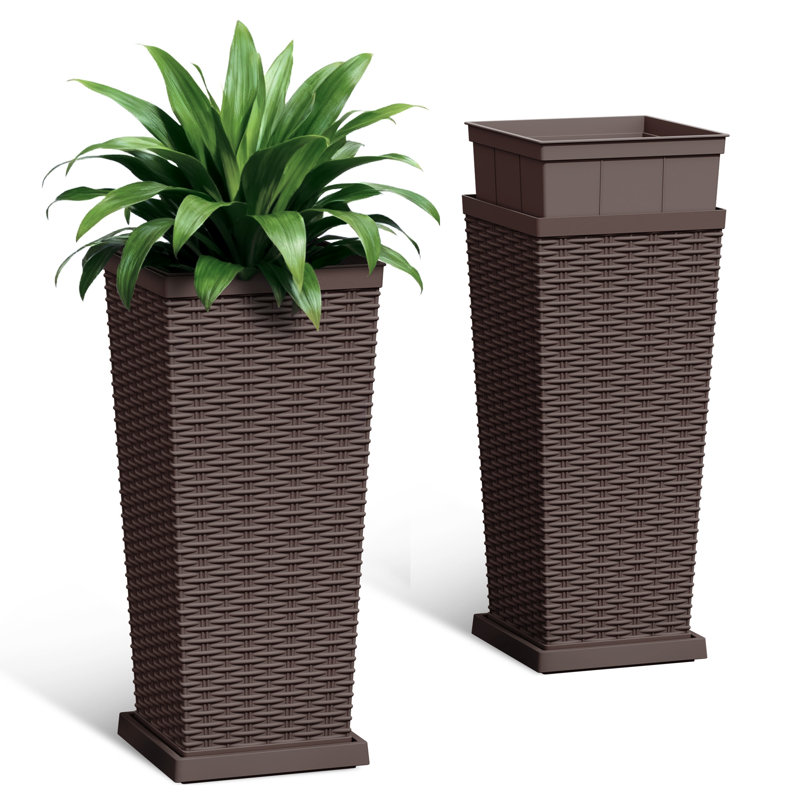 Grand pot à fleurs 24/32 po en osier synthétique avec trou de drainage et plateau, H 25 po, Brun