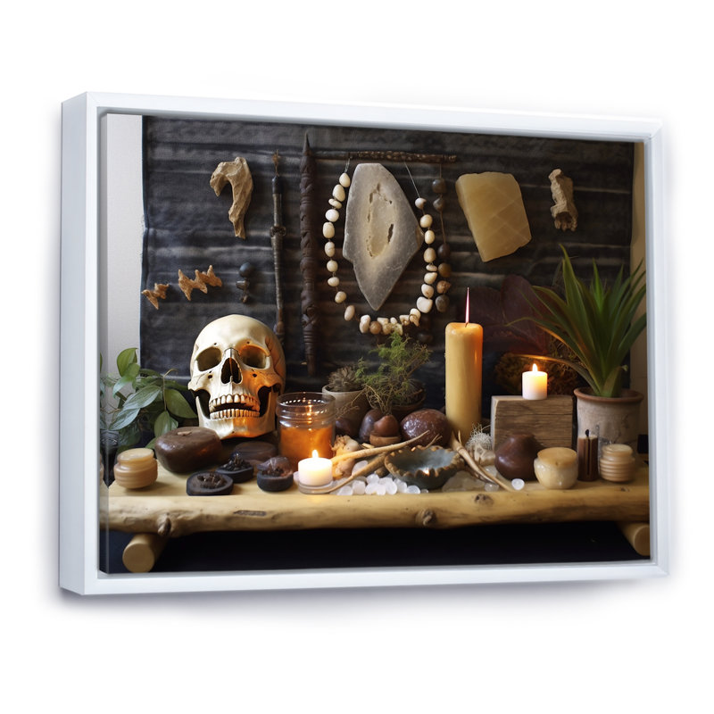 " Altar With Sacred Objects ", 30" H x 40" W x 1.5" D, White Floater Framed