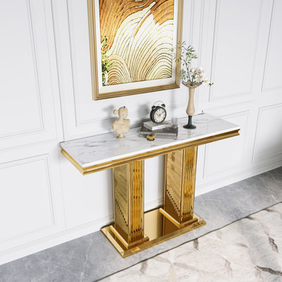 Rectangular Faux Marble Top Stainless Steel Base Console Table