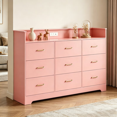 Commode moderne 65 po avec station de charge, armoire de rangement à 6 tiroirs avec ports USB et Type-C, console en bois pour le salon de la chambre à coucher